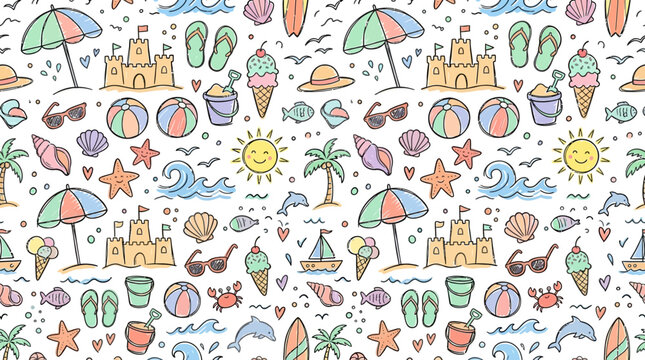 Colorful seamless summer beach doodle pattern with umbrellas and sandcastles.