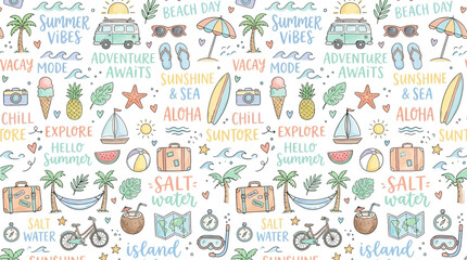 Cute pastel seamless summer doodle pattern with beach and travel icons. © pixel*