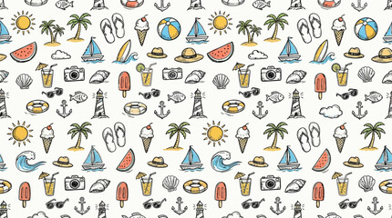 Seamless hand drawn summer vacation travel icons pattern background. © pixel*