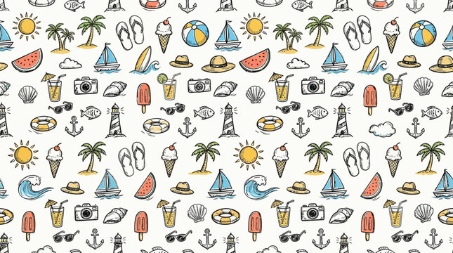 Seamless hand drawn summer vacation travel icons pattern background.