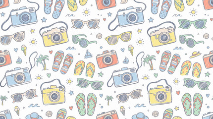Seamless summer travel pattern with cameras sunglasses and flip-flops. © pixel*