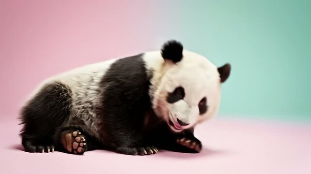 Cute Baby Panda Rolling on Back, Tongue Out, Playful and Adorable