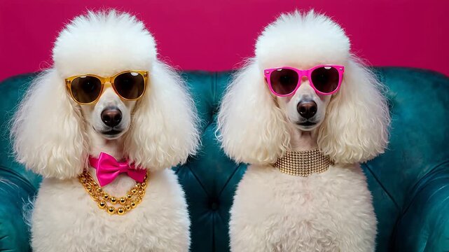 Two dressedup poodles on couch
