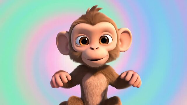 Cute cartoon monkey waving hands, happy animated character, isolated on colorful background