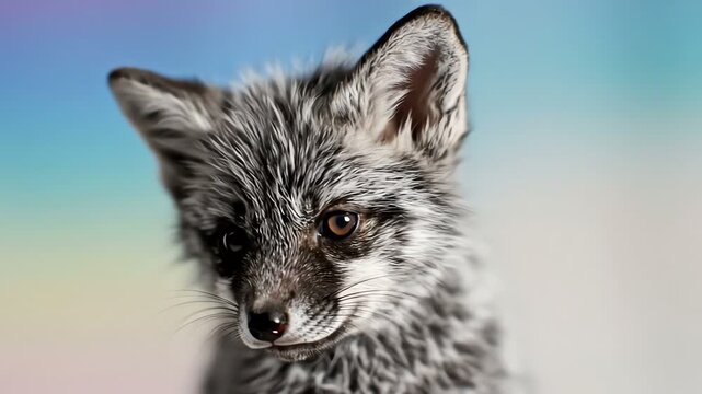 Cute Silver Fox Cub Portrait with Dreamy Pastel Background