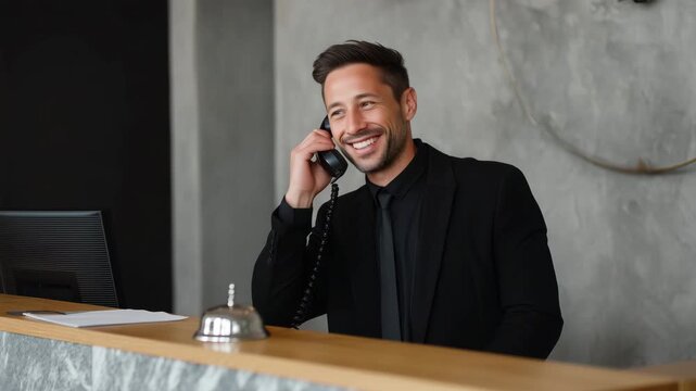 Male receptionist or office manager answering phone at reception desk, professional customer support, hospitality and business service concept, hotel front office, reservation assi