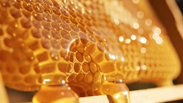 Golden honey dripping from honeycomb, sweet natural food, macro shot