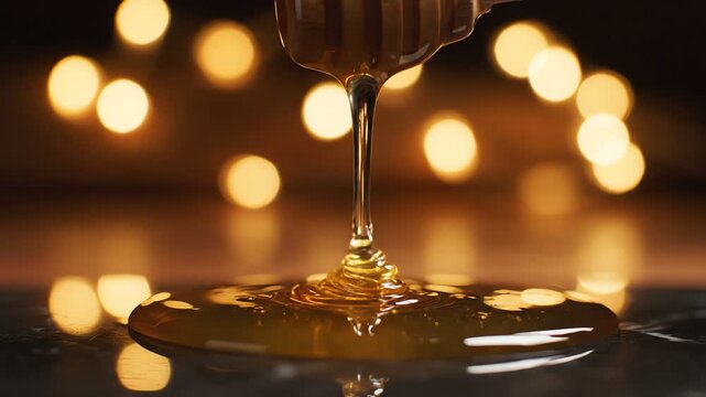 Golden honey dripping from wooden dipper, bokeh lights background, macro shot