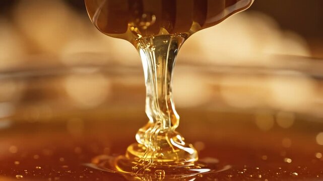 Golden honey dripping from wooden dipper, close-up, macro, slow motion