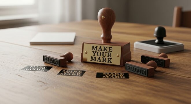 Wooden rubber stamp with 'Make Your Mark' message on desk