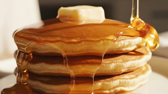 Golden honey pouring onto stack of fluffy pancakes with melting butter, breakfast close-up