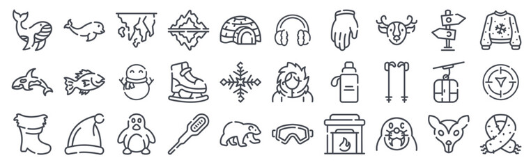 Set of 30 Antarctica arctic thin line icons including whale, penguin, polar bear, iceberg, thermometer, winter hat, igloo, snowman, and wildlife elements © Sophie