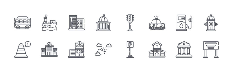 collection of 16 thin line city elements icons including bus, cone, cargo ship, police station, apartment, hospital, city hall, sky, traffic light. editable stroke vector illustration © Sophie