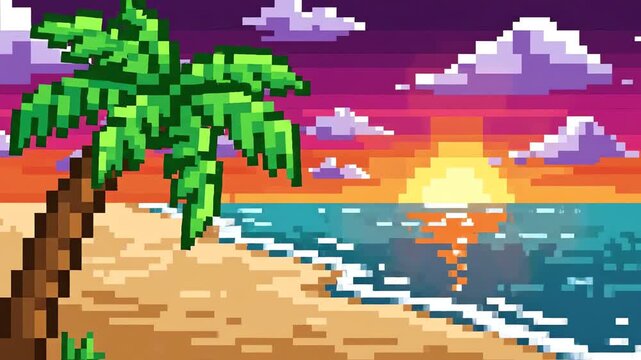 Pixel Art Sunset Beach Palm Tree Waves Ocean Tropical Paradise Retro 8-bit