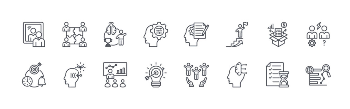 collection of 16 thin line business coaching icons including self reflection, goal expiry, team building, resilience, goal visualization, coaching, adaptability, marketing strategy,