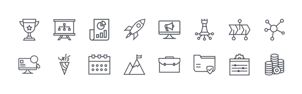 collection of 16 thin line business strategy icons including trophy, reserch, presentation, confeti, seo report, calenadar, rocket, achivment, marketing. editable stroke vector illustration