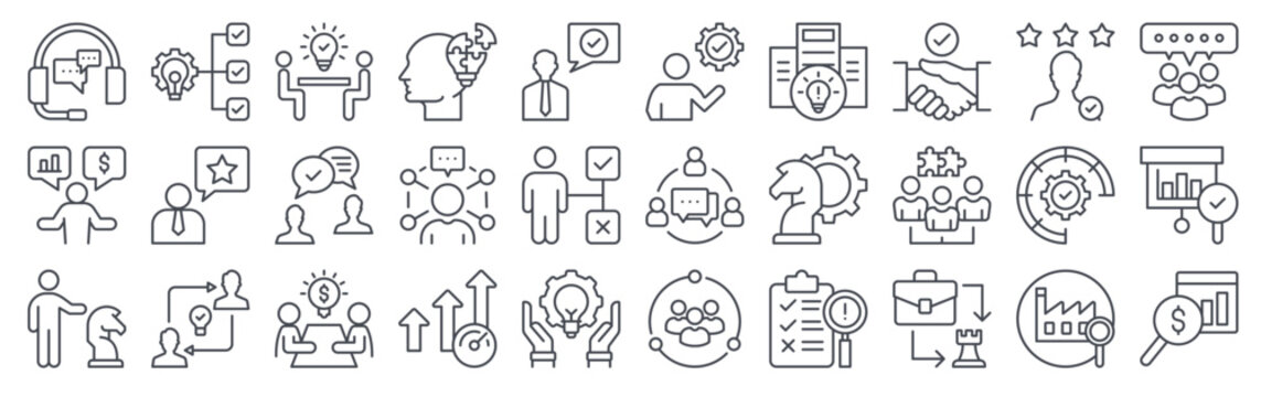 Set of 30 consulting services thin line icons including advisory, strategy, optimization, project management, business analysis, performance, consultancy, and decision-making