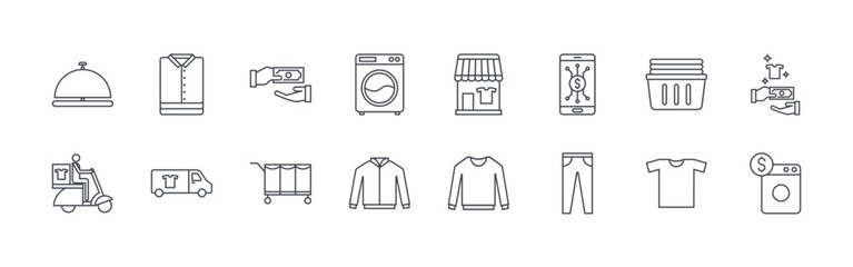 collection of 16 thin line laundry service icons including bell, scooter, folded shirt, delivery van, cash payment, trolley, washing hine, jacket, laundry shop. editable stroke vector © Sophie