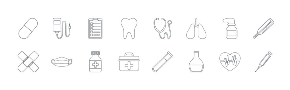 collection of 16 thin line medical icons including medicine, tape, infuser, mask, noted, bottle, tooth, medical kit, stethescope. editable stroke vector illustration isolated on white