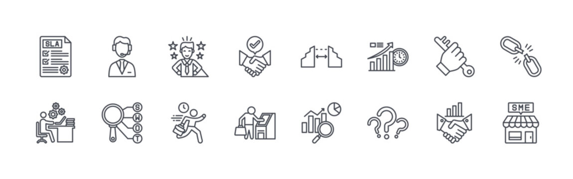 collection of 16 thin line miscellany business icons including sla, work in progress, help desk, swot analysis, role model, busy, etiquette, self service, gap. editable stroke vector