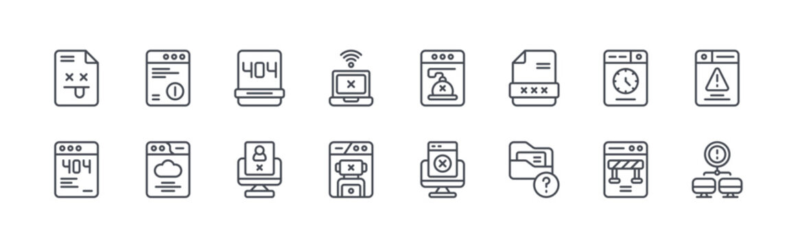 collection of 16 thin line not found icons including file error, blocked website, browser, internet error, error 404, user not found, connection error, problematic, hacker. editable