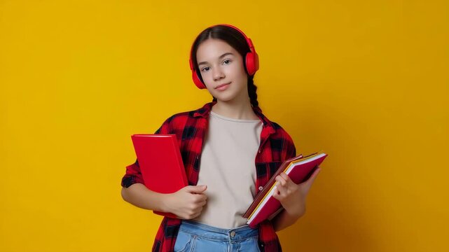 School girl with books and red headphones on yellow background, back to school concept, happy student portrait, education and learning lifestyle, teenage child with textbook, color