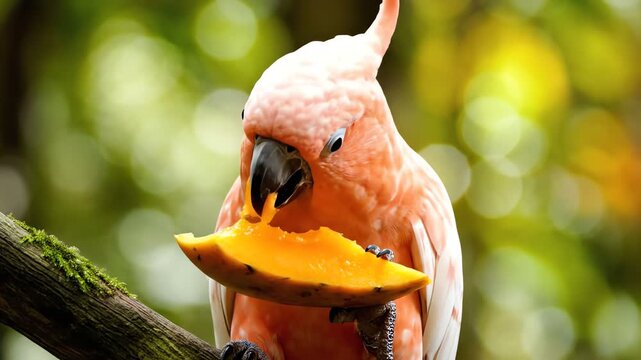 Salmon-crested Cockatoo eating mango fruit on tree branch, close-up, tropical bird eating