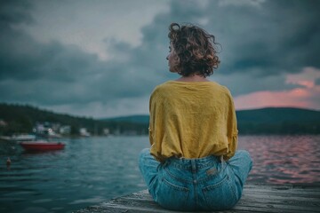 Fototapeta premium Lone person in a small boat on a calm lake as the sun sets behind distant mountains