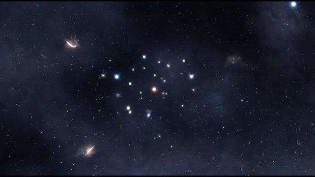 An immersive journey through a vast, computer-generated starfield. The camera glides forward through countless glowing stars of blue, white, and gold against a dark cosmic background with faint nebula