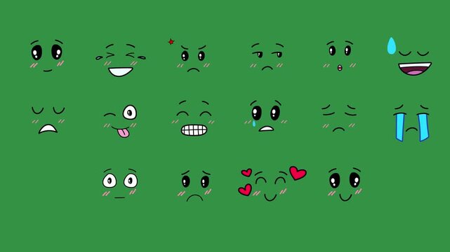 Hand-Drawn Emoji Facial Expressions 2D Animation Green Screen Asset | Sketchy Cartoon Face Features Motion Overlay | Fun Hand-Drawn Animated Emoticon Elements for Video Editing