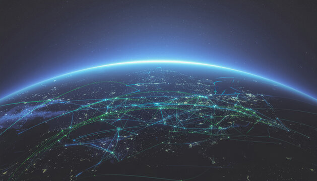 Global network connection, digital communication and data transfer across Earth, futuristic technology background