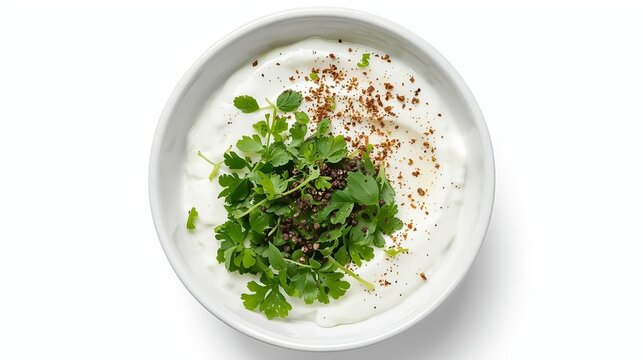 Creamy white yogurt in ceramic bowl topped with vibrant fresh herbs and cracked black pepper, overhead shot on white. Clean minimal styling &mdash; perfect for healthy eating, diet and wellness concepts 202