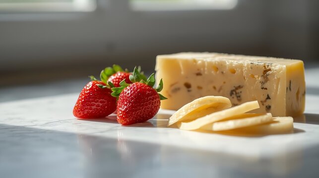 Glossy ripe strawberries alongside aged cheese block and thin slices on light marble surface, soft window light. Refined sweet-savory pairing &mdash; perfect for gourmet, spring brunch and cheese boards 202