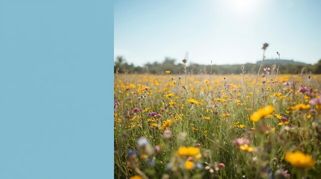 Vibrant wildflower meadow with yellow, pink and purple blooms under bright sun, paired with solid sky-blue copy space panel. Dreamy bokeh atmosphere &mdash; perfect for spring, nature and lifestyle 2026.