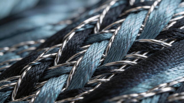Macro detail of a high-performance braided textile featuring interwoven teal and black synthetic fibers reinforced with metallic silver threads