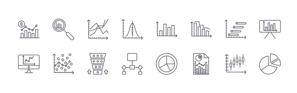 set of 16 thin line infographic icons featuring rising economy, graphical representation, search statistics, scatter graph, stacked graph, funnel, histogram, flowchart, data analytics.