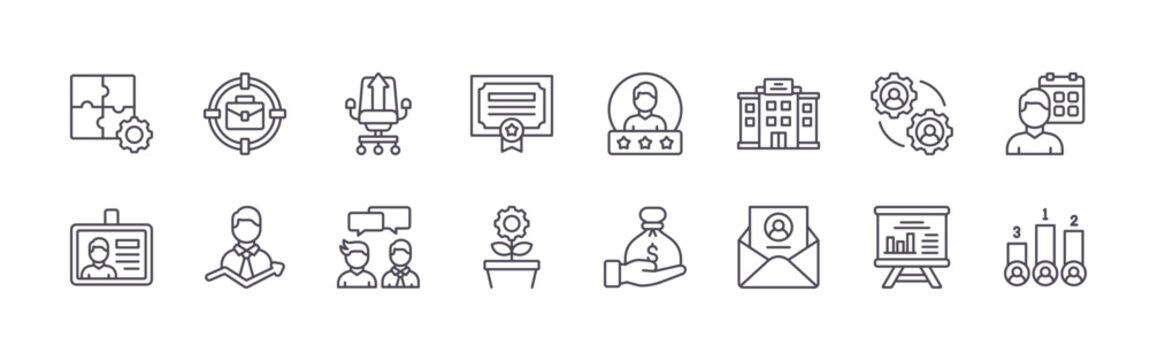 set of 16 thin line job promotion icons featuring puzzle, id card, brief bag, career, office chair, conversation, certificate, growth, rating. editable stroke vector illustration isolated on