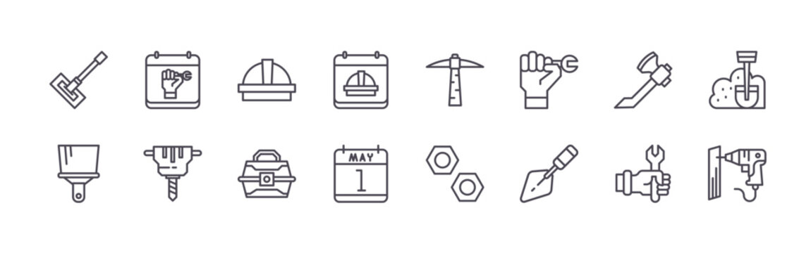 set of 16 thin line labour day icons featuring hammer, paintbrush, calendar, jackhammer, hard hat, repair kit, calendar, calendar, pick hammer. editable stroke vector illustration isolated on