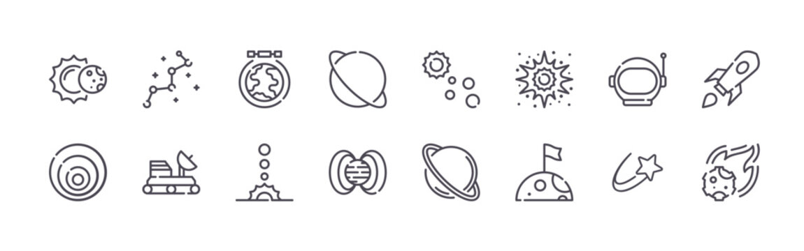 set of 16 thin line space icons featuring eclipse, doppler effect, constellation, moon rover, satellite, solar system, planet, magnetic field, astronomy. editable stroke vector illustration