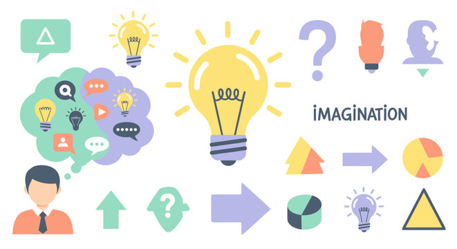 Flat Illustration of Imagination, Ideas, and Brainstorming with Lightbulbs