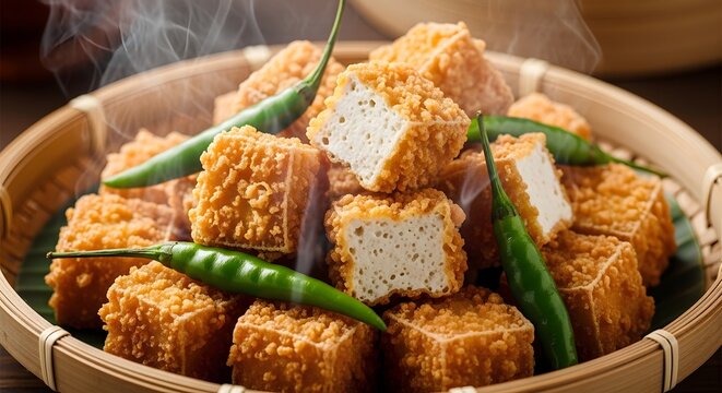 Deep Fried Tahu Sumedang Showing Soft White Inside Texture with Chilies