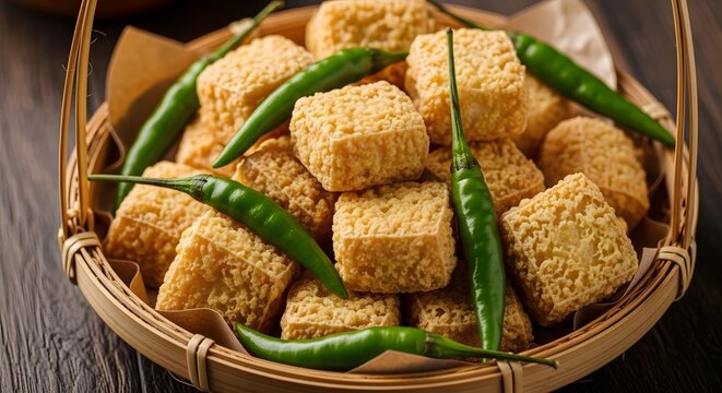 Crispy Fried Tofu Tahu Sumedang in Bamboo Basket with Green Bird Eye Chilies