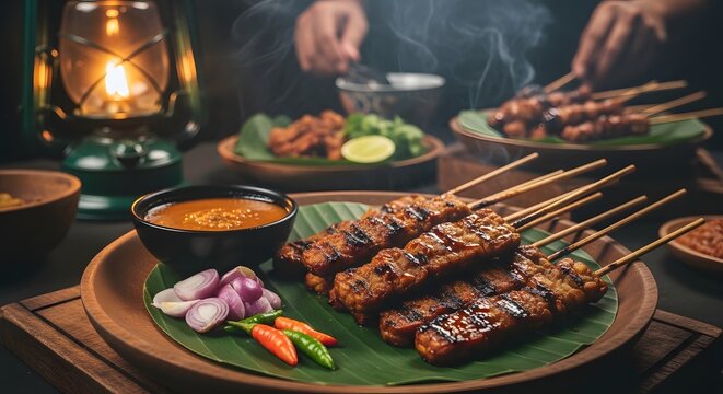 Traditional Sate Kere Solo Grilled Tempeh and Fat Skewers with Peanut Sauce