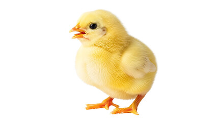 Fototapeta premium adorable yellow baby chick with fluffy feathers standing on a white background representing springtime and new life.
