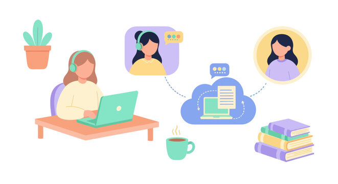 Flat illustration of online learning and remote work with people and cloud