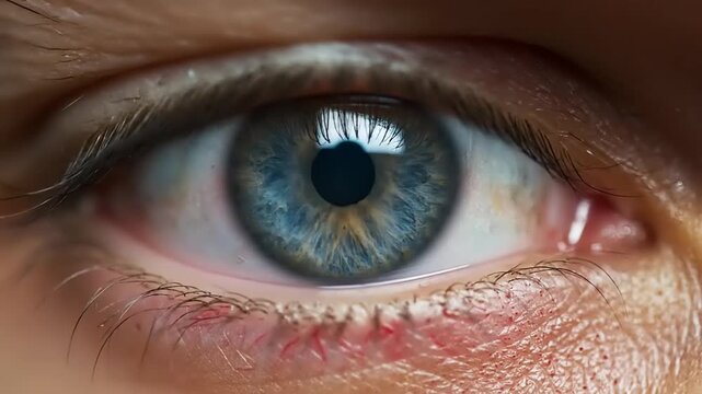 Detailed close-up of a human eye with a blue iris, showcasing intricate details and the sclera