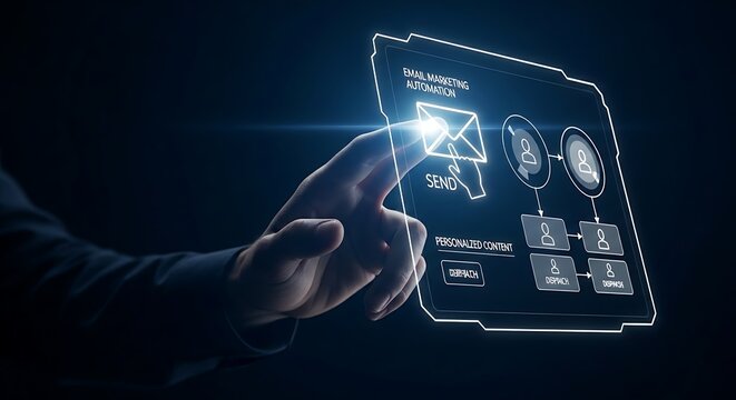 Email marketing automation. A close-up of a hand activating a system where a hologram shows an email being sent to different audience segments with personalized content.