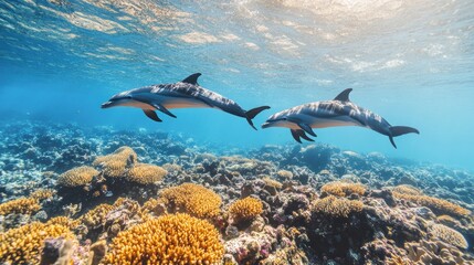 Naklejka premium Dolphins swim over vibrant coral reef