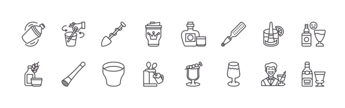 pack of 16 clean thin line bartender icons including shaker, malt, stir, muddler, spoon, low ball, tumbler, beer, liqueur. editable stroke vector illustration isolated on white