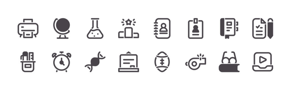 pack of 16 clean thin line back to school icons including printer, stationery, globe, alarm, flask, dna structure, podium, blackboard, agenda. editable stroke vector illustration isolated on white